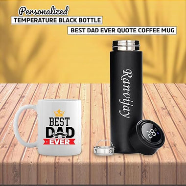Father's Day Special - Black Bottle with Name Engraved & 'Best Dad Ever' Quote Coffee Mug Set.