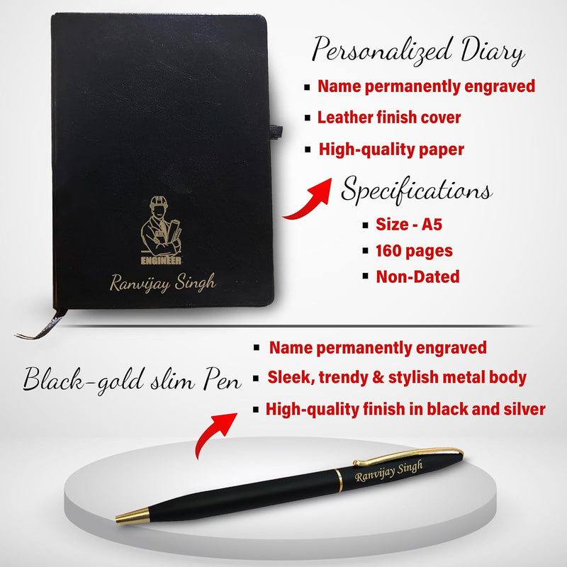 Engineer's Combo Set-Slim Pen, Pen Stand with (Engineer Logo),& A5 Black Diary