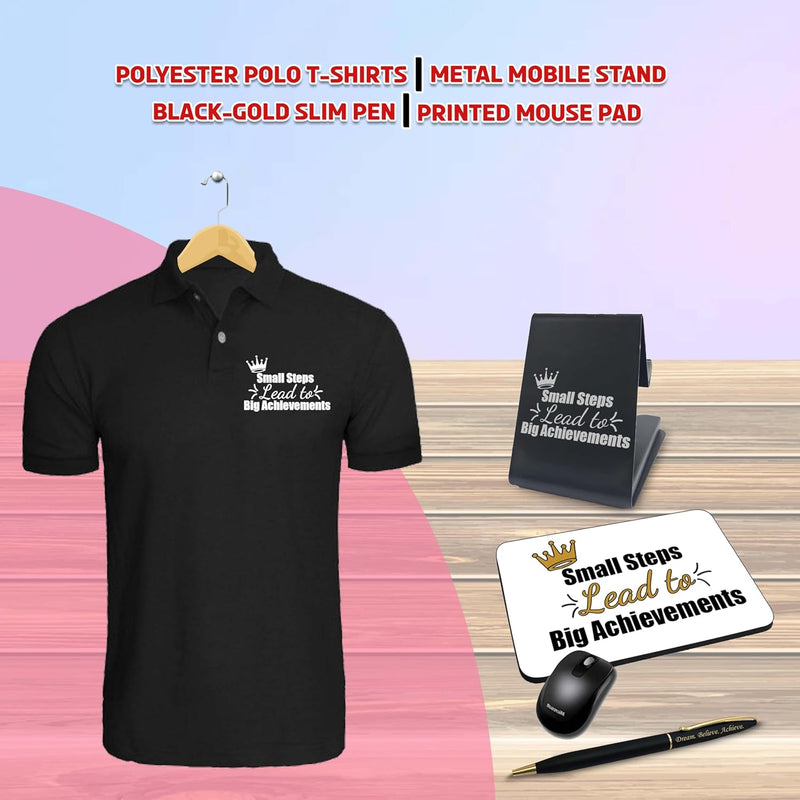 Corporate Gift Set-Pen, Mouse Pad, Mobile Stand, Black Polo T-Shirt with Quote Printed.