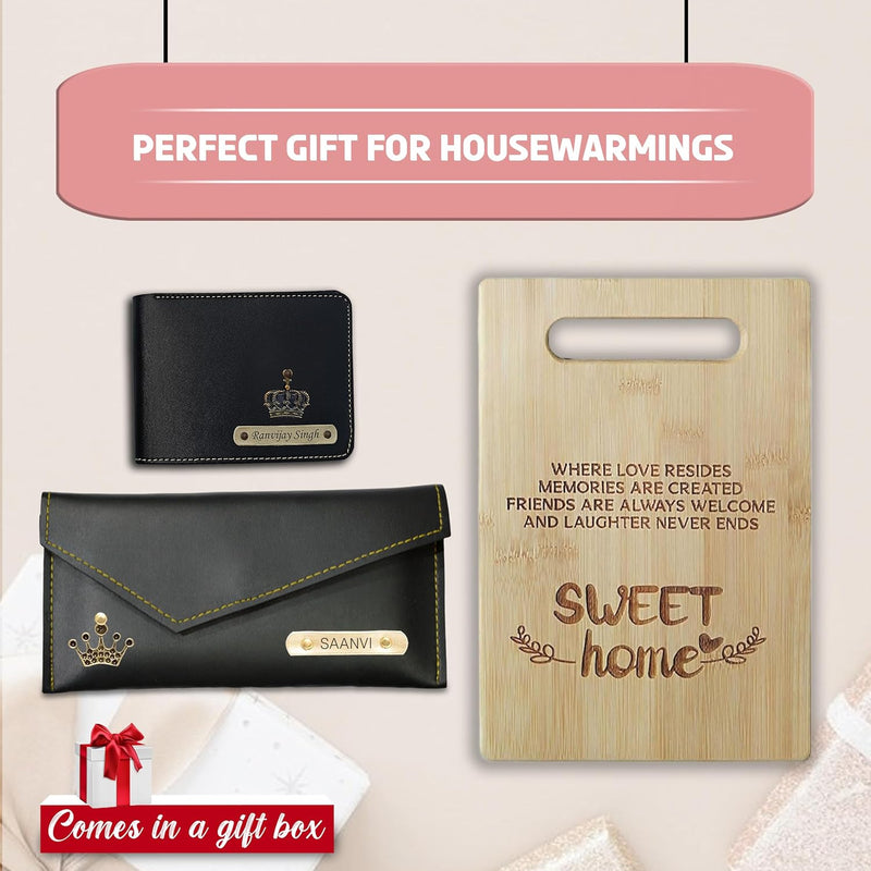 Housewarming Gift Set-Engraved leather Combo with wooden chopping board.