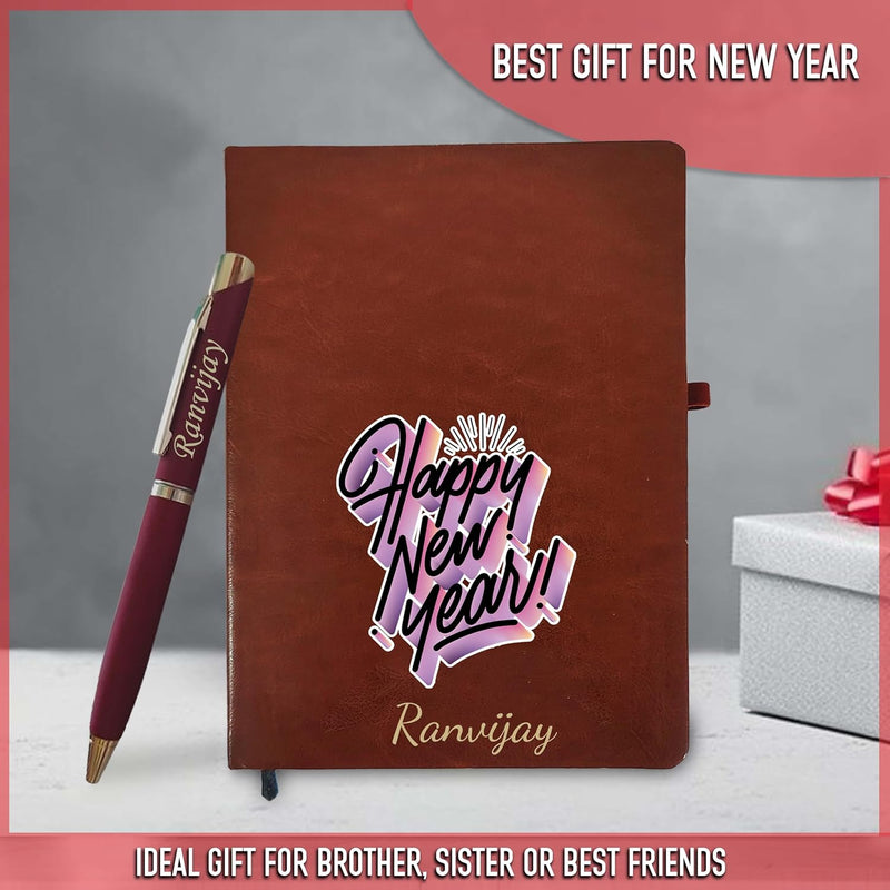 New Year Gift Set - Personalized Leather Diary and Metal Pen (Brown)