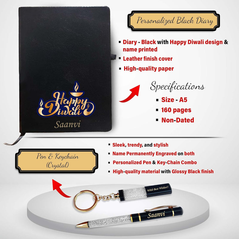 Diwali Gifts - Crystal Pen & Keychain , Black T-Shirt , Diwali Mug & Leather Diary