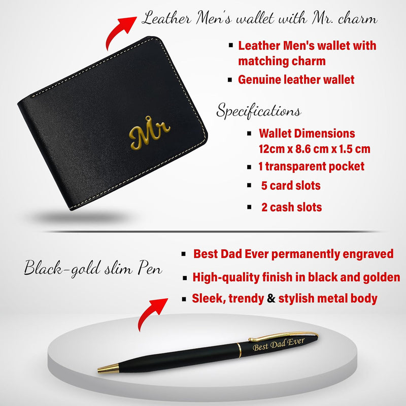 Leather Wallet with Mr. Charm, Slim Pen & Metal Keychain.