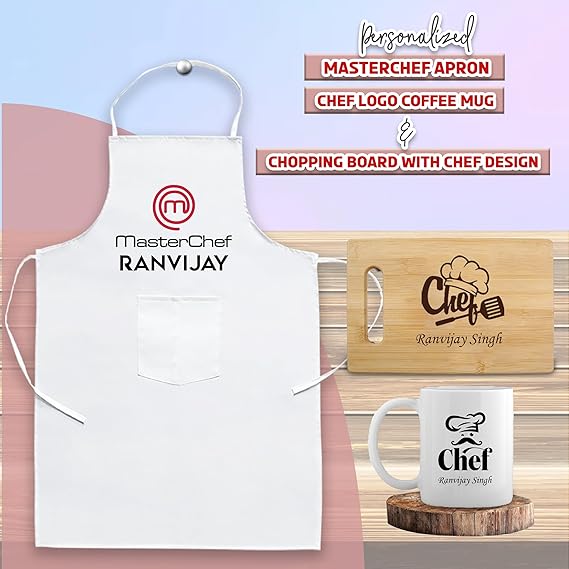 Chef's Personalized Combo - Master Chef Apron, Mug & Custom Chopping Board.