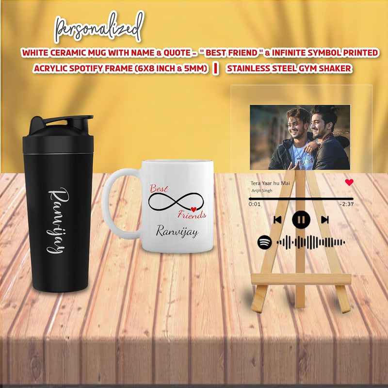 Friendship Day Gift Set - Custom Mug, Spotify Frame, Name Gym    Shaker