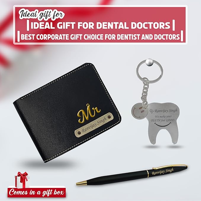 Dentist Combo-Keychain with Dentist Logo, Dental Symbol Pen & Wallet-Customized with Your Name