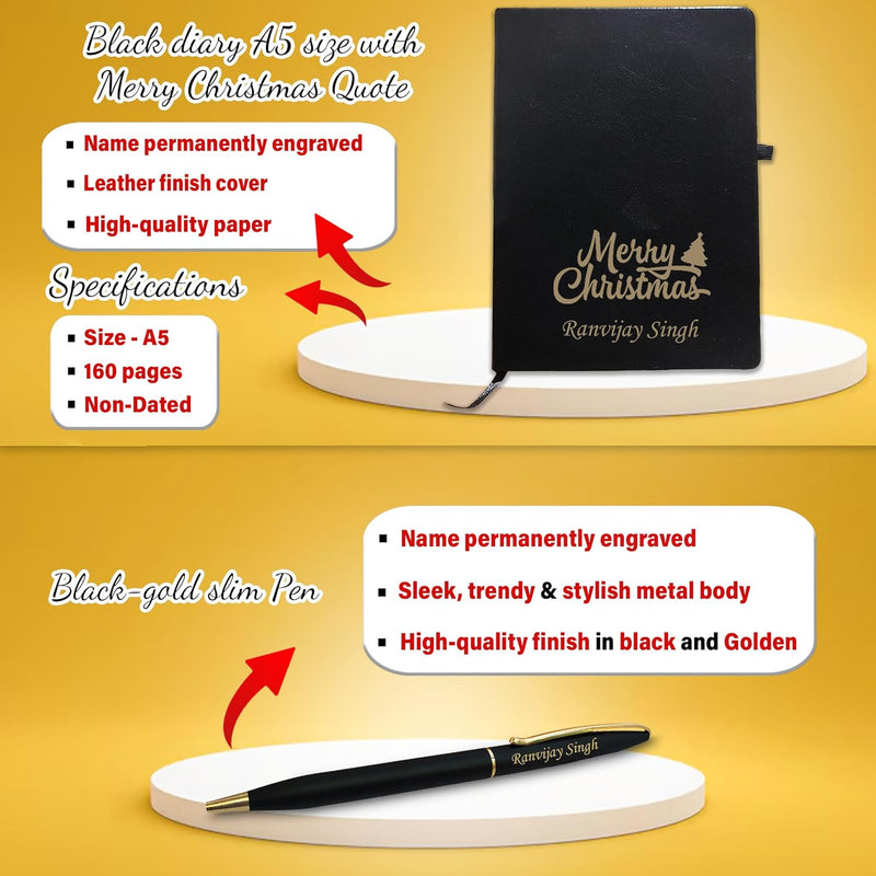 Christmas Combo for Men- Engraved Pen, Black A5 Diary, Leather Wallet