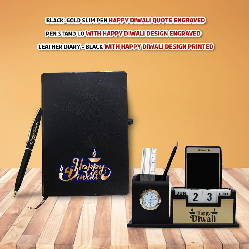 Deepawali Gift Combo - Black-Gold Pen, Pen Stand & Leather Diary