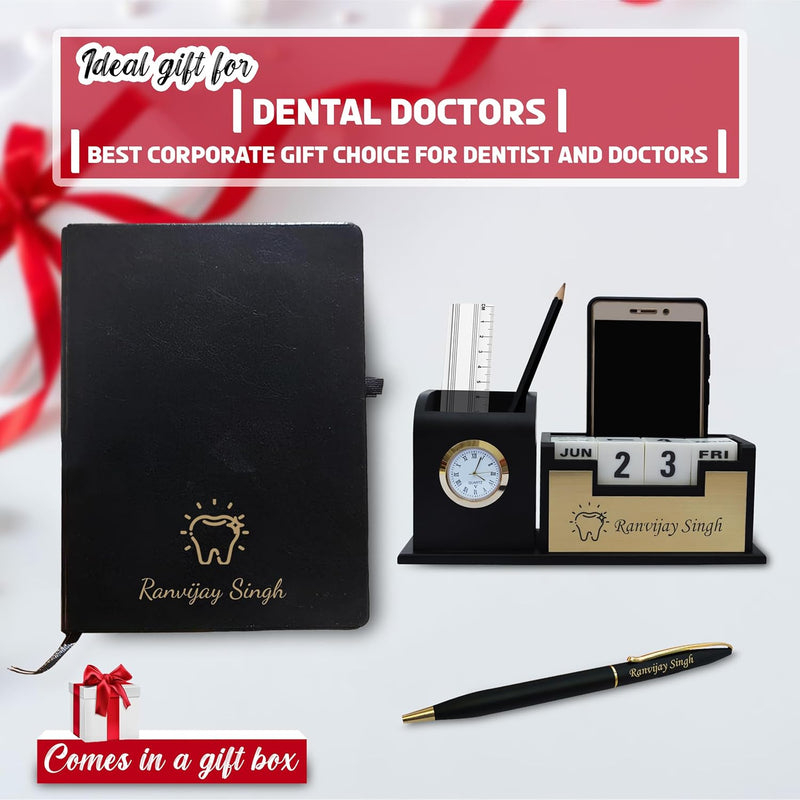 Dentist Professional's Set- Black-Gold Slim Pen, Pen Stand 1.0 with Date & Clock (Dentist Logo), and A5 Black Diary