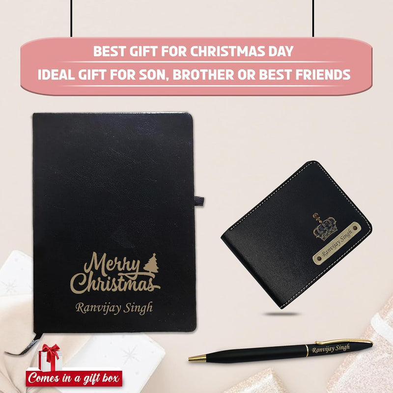 Christmas Combo for Men- Engraved Pen, Black A5 Diary, Leather Wallet