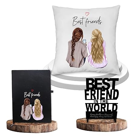 Female Friends-Sublimation Satin White Cushion,Acrylic Stand& Black Leather Diary- FriendshipDay