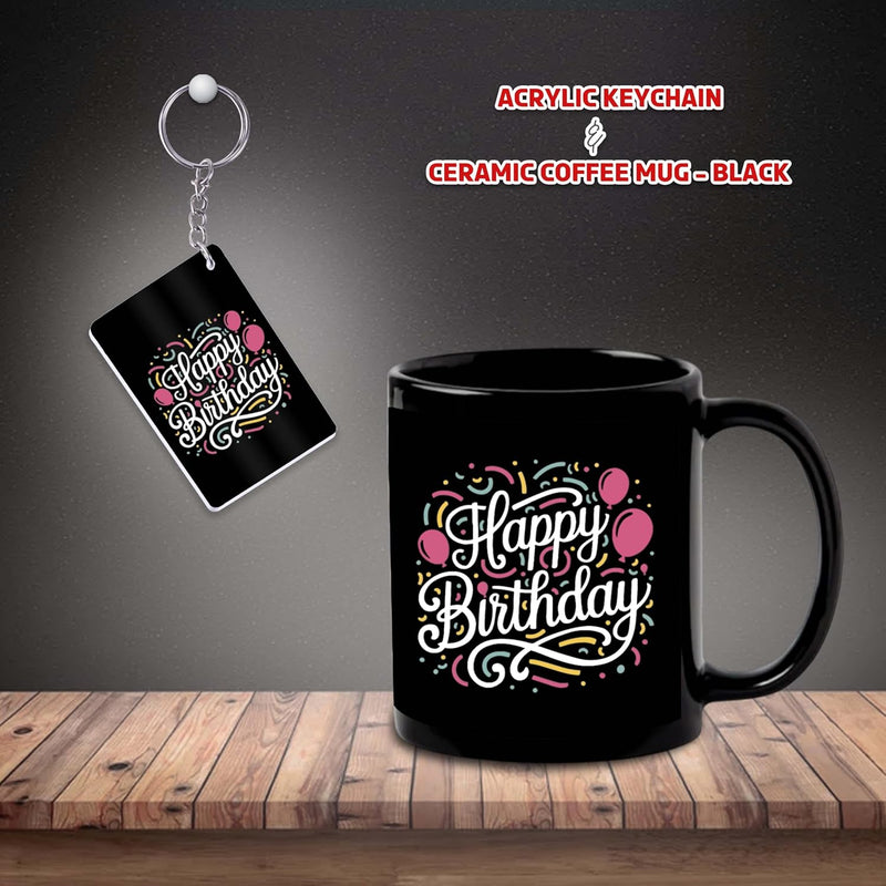 Black Ceramic Birthday Theme Mug & Keychain.