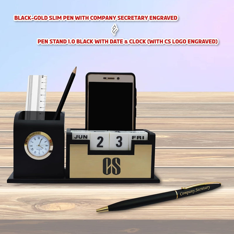 CS Gift Set – Engraved Pen & Pen Stand with Clock