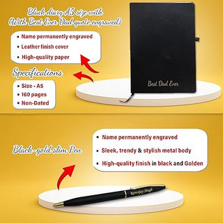Father's Day Gift Combo- Customized Pen, Black Diary, Men's Wallet, Eyewear Case, & Keychain.