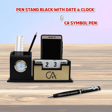 Chartered Accountant Gift Set – Black-Gold Pen & CA Logo Pen Stand.