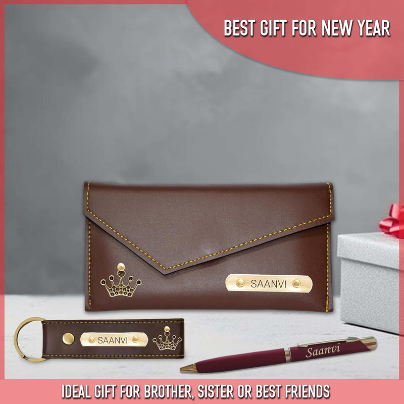 New Year Gift Hamper for Women - Pen, Leather Keychain & Leather Clutch