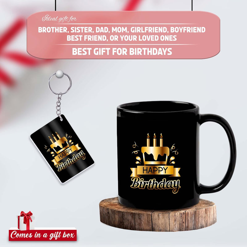 Black Ceramic Birthday Theme Mug & Keychain.