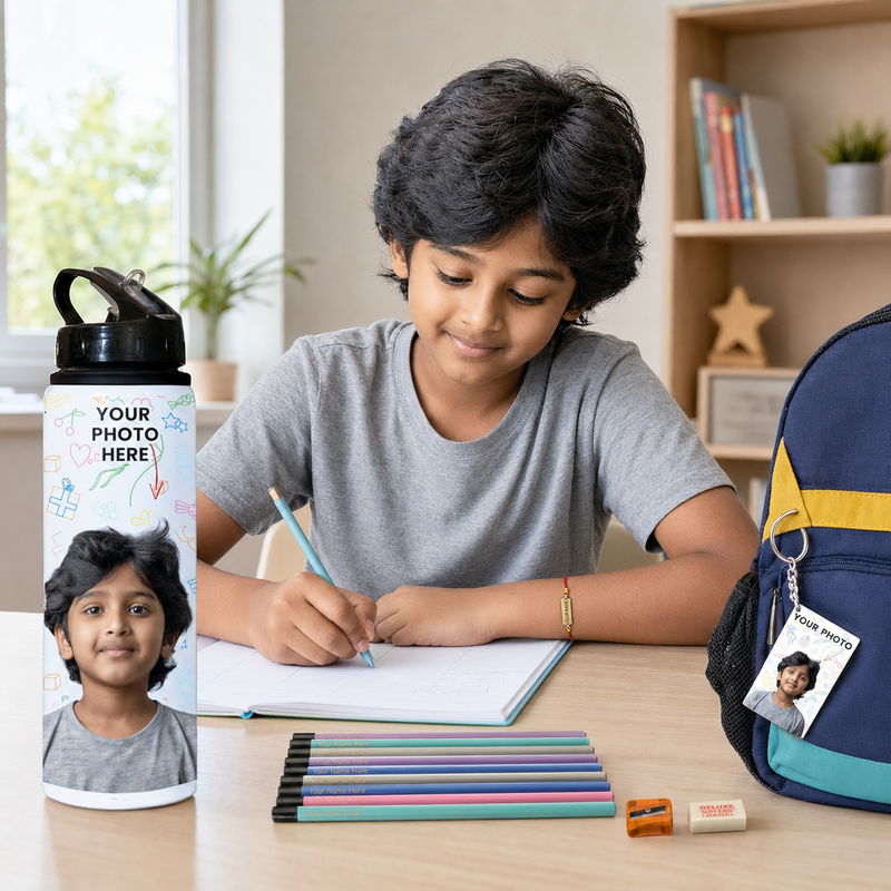 Personalized Rakshabandhan Gift Set for Kids | Customized Rakhi for Brother Kids with Name | Photo Bottle, Personalized Keychain & Pencils Set