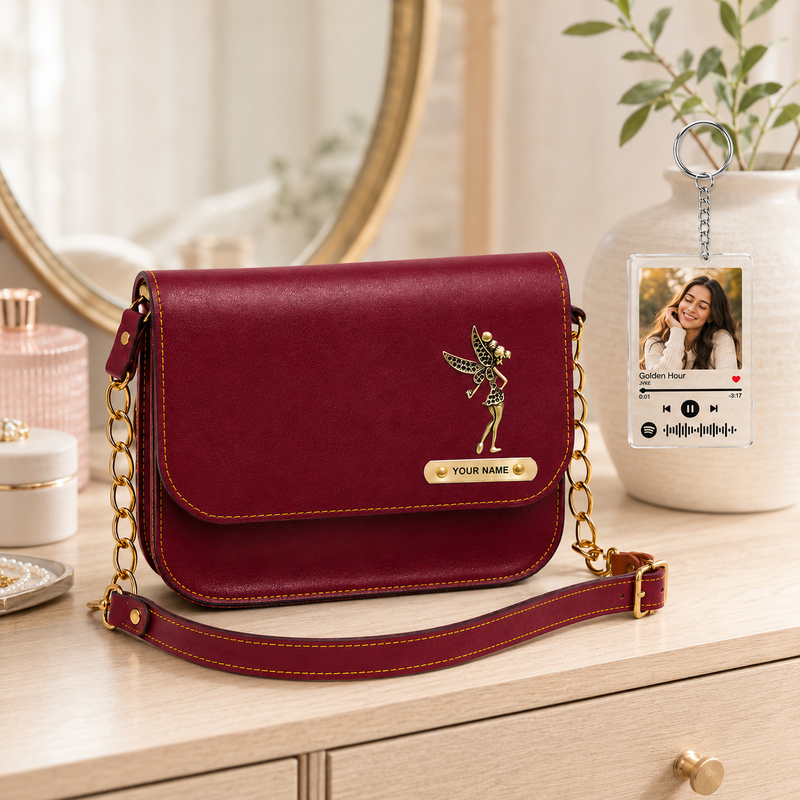 Customized Leather Sling Bag with Name & Charm and Spotify Photo Keychain with Favourite Song | Personalized Rakhi Gift for Sister