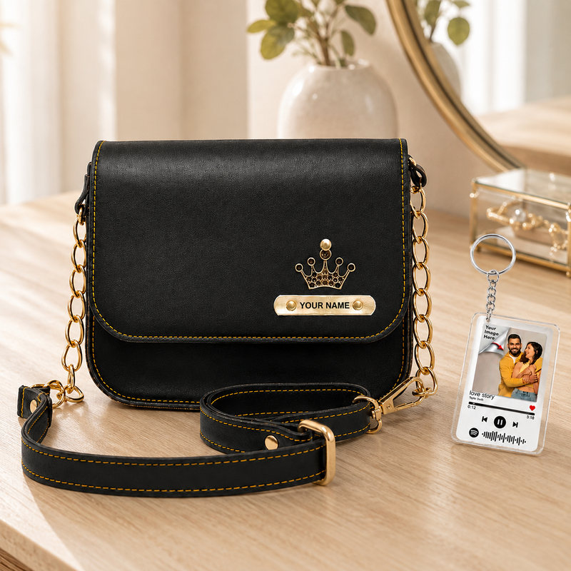Customized Leather Sling Bag with Name & Charm and Spotify Photo Keychain with Favourite Song | Personalized Rakhi Gift for Sister