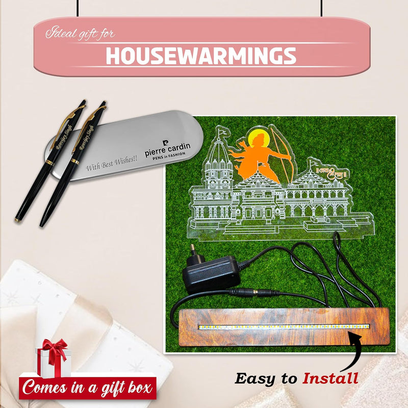 Housewarming Gift Set- Couple Pen Set & LED Acrylic Ram Mandir Miniature