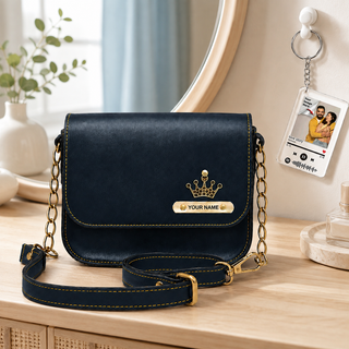 Customized Leather Sling Bag with Name & Charm and Spotify Photo Keychain with Favourite Song | Personalized Rakhi Gift for Sister