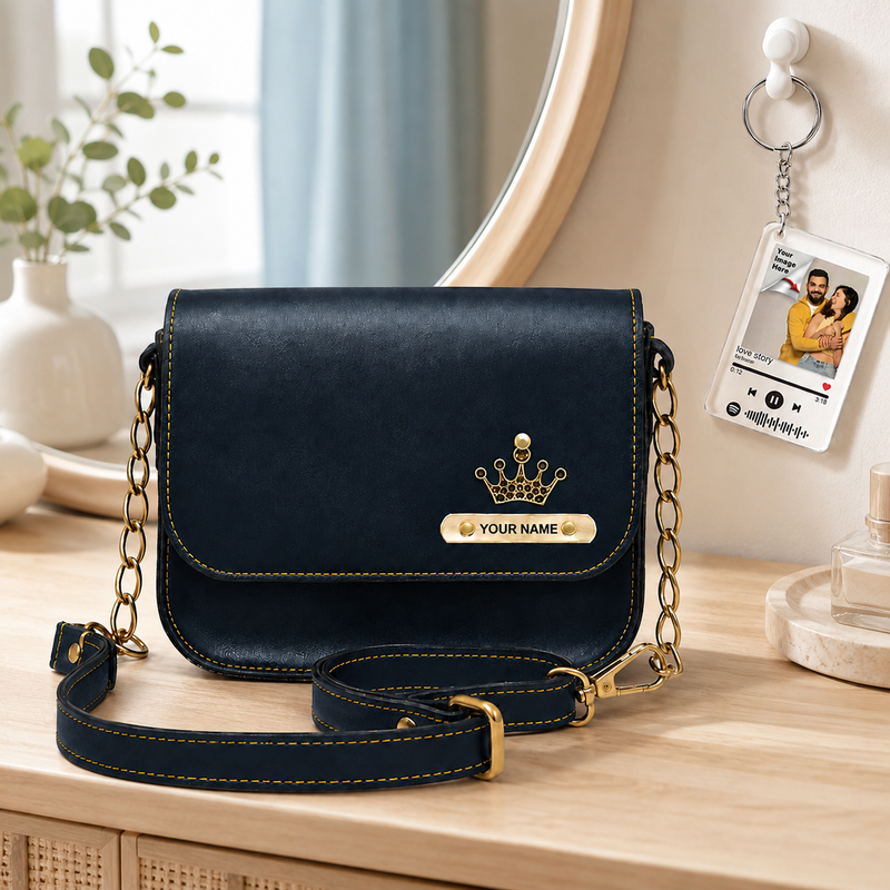 Customized Leather Sling Bag with Name & Charm and Spotify Photo Keychain with Favourite Song | Personalized Rakhi Gift for Sister