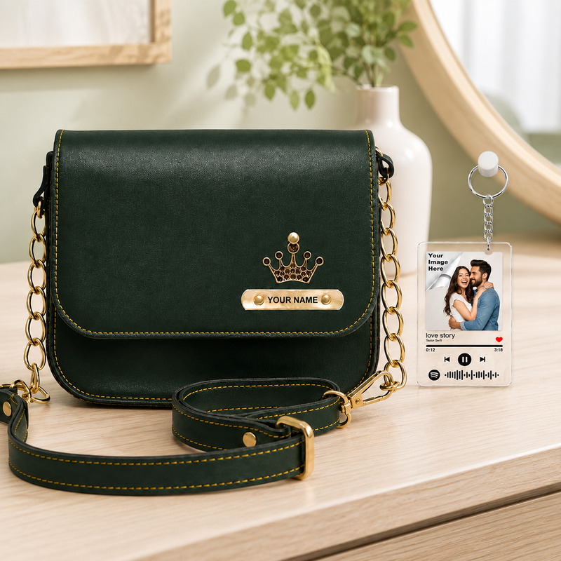 Customized Leather Sling Bag with Name & Charm and Spotify Photo Keychain with Favourite Song | Personalized Rakhi Gift for Sister