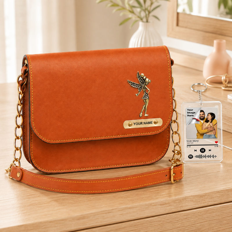 Customized Leather Sling Bag with Name & Charm and Spotify Photo Keychain with Favourite Song | Personalized Rakhi Gift for Sister