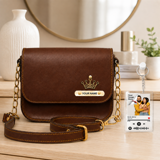 Customized Leather Sling Bag with Name & Charm and Spotify Photo Keychain with Favourite Song | Personalized Rakhi Gift for Sister