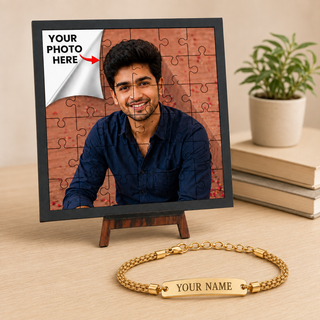Customized Puzzle Photo Frame with Photo & Personalized Golden Chain Rakhi for Brother