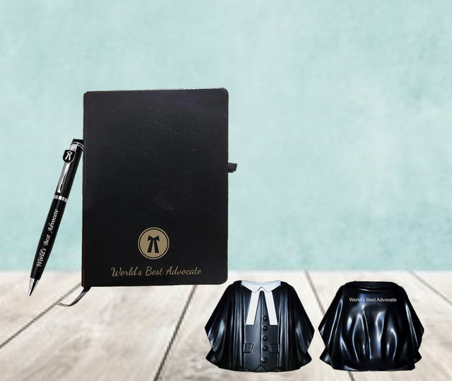 Advocate Desk Set: Pen Stand, Engraved Pen & A5 Diary with Advocate Logo.