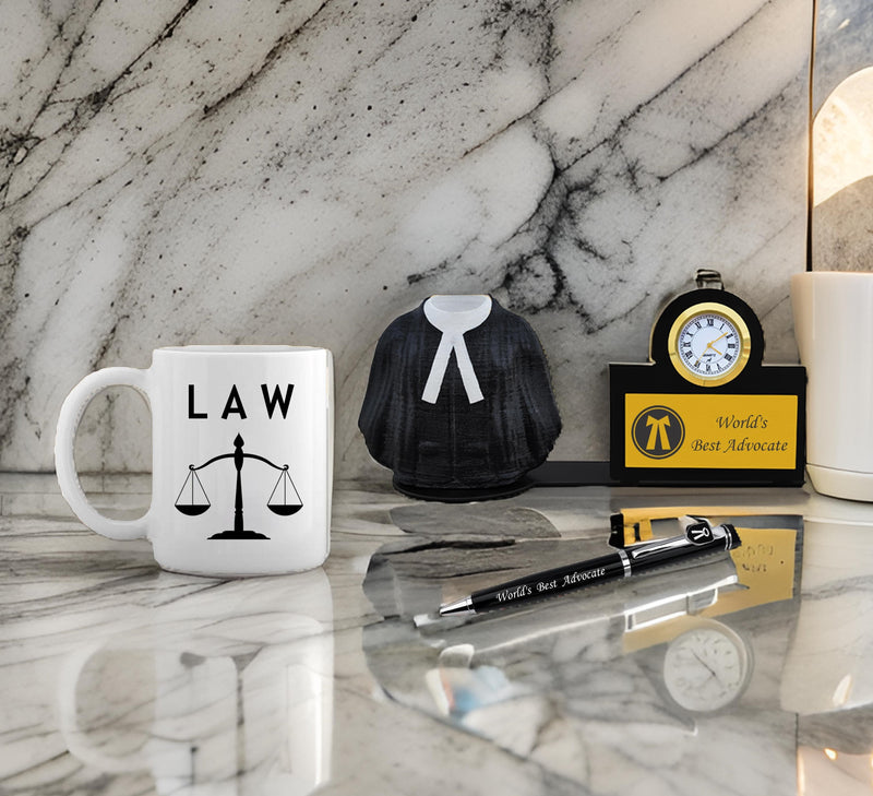 Advocate Pen, Fiber Pen Stand with Watch & Advocate Coffee Mug with 'World's Best Advocate' Engraved.