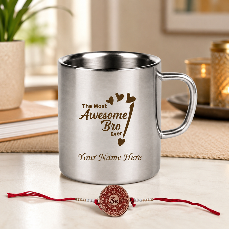 Customized Stainless Steel Mug with Name and Rakhi for Brother 220 ml.