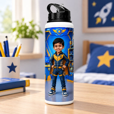 Personalized 750ml Water Bottle for Boys with Photo, Name & AI Avatar.