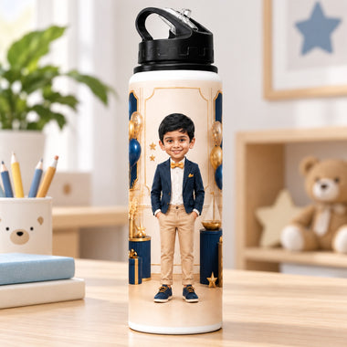Personalized 750ml Water Bottle for Boys with Photo, Name & AI Avatar.
