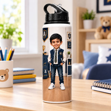 Personalized 750ml Water Bottle for Boys with Photo, Name & AI Avatar.