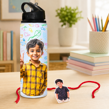 Customized 750 ML Aluminium Sipper Bottle with Photo & Name Print and Photo Caricature Rakhi