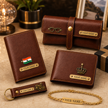 Customized Rakhi Gift for Men | Customized Men's Gift Combo Set 4 Pcs with Name Engraving & Golden Chain Rakhi