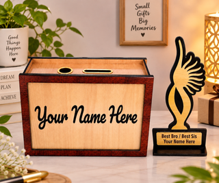 Customized Rakhi Gift Combo for Kids– Personalized Wooden Piggy Bank & Trophy