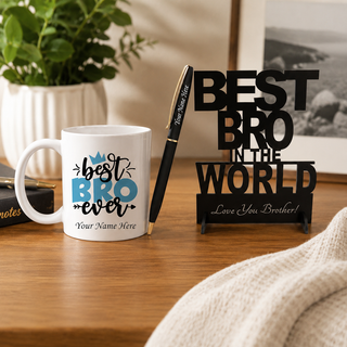 Customized Rakshabandhan Gift for Brother Personalized Pen with Name Engraved Best Bro Stand and Awesome Bro Ever Ceramic Mug