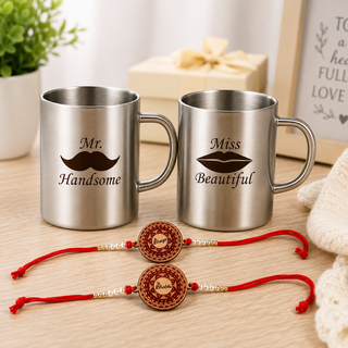 Couple Steel Mug Set of 2 with Rakhi Roli Chawal, Bhai Bhabhi Mug Set.