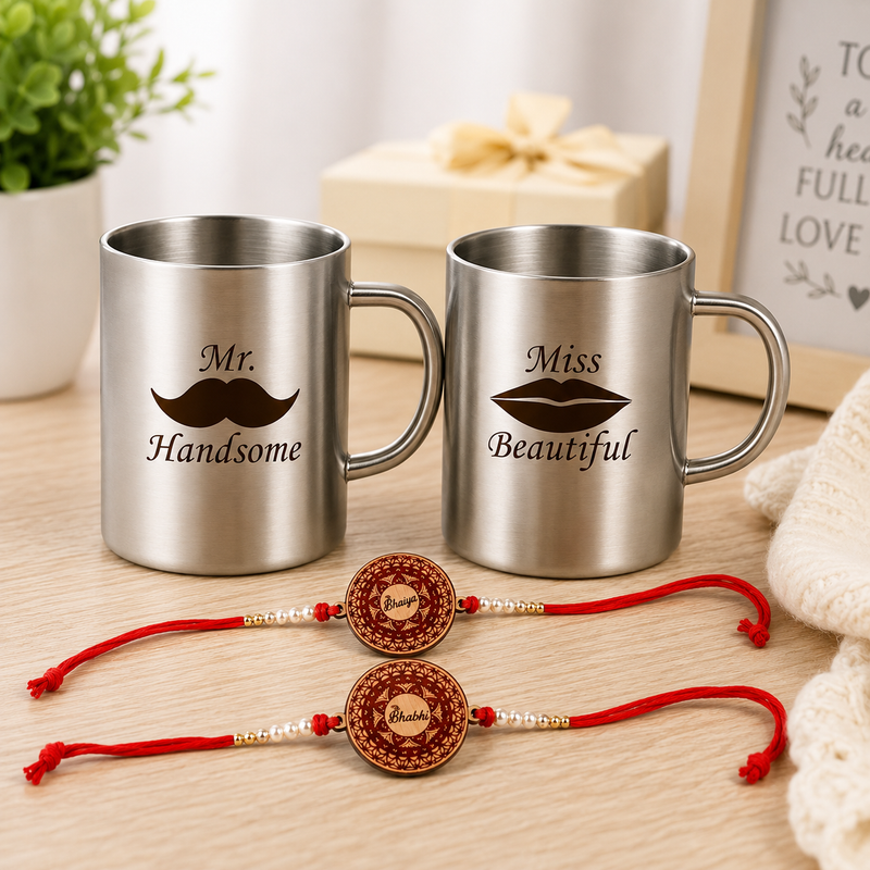 Couple Steel Mug Set of 2 with Rakhi Roli Chawal, Bhai Bhabhi Mug Set.