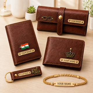 Customized Rakhi Gift for Men | Customized Men's Gift Combo Set 4 Pcs with Name Engraving & Golden Chain Rakhi