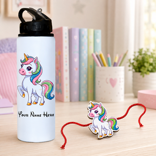 Customized 750 ML Aluminium Sipper Bottle with Name & Favourite Cartoon Print & Personalized Cartoon Caricature Rakhi (Copy)