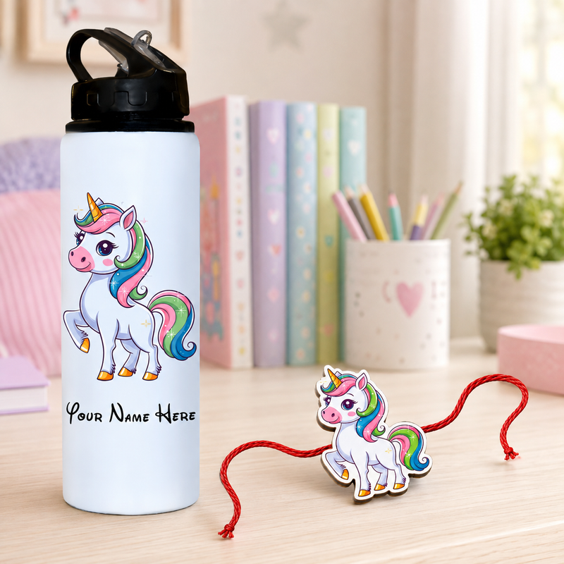 Customized 750 ML Aluminium Sipper Bottle with Name & Favourite Cartoon Print & Personalized Cartoon Caricature Rakhi (Copy)