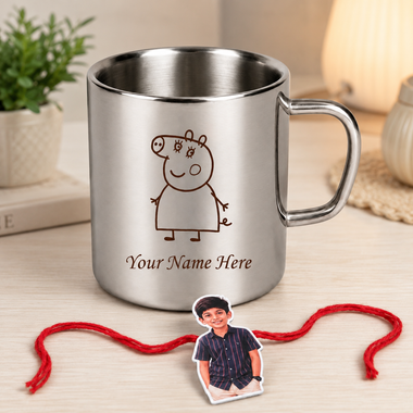 Customized Steel Mug with Name & Cartoon Print and Customized Photo Caricature Rakhi