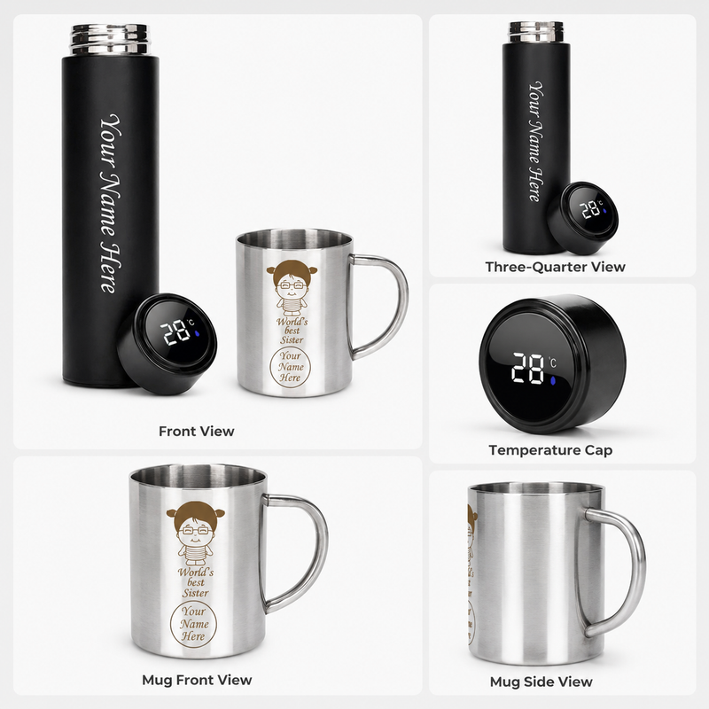 Customized Gift for Sister, Customized Bottle with Name & World’s Best Sister Steel Mug Set