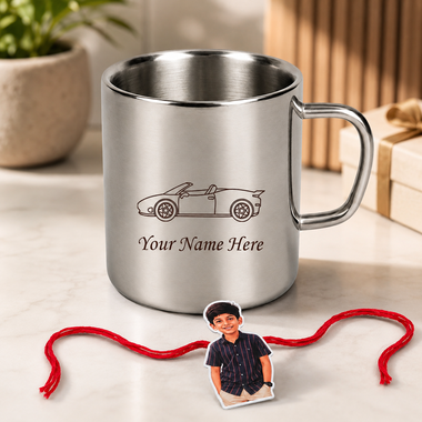 Customized Steel Mug with Name & Car Design Print and Customized Photo Caricature Rakhi.