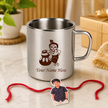 Customized Steel Mug with Name & Little Krishna Cartoon Print and Customized Photo Caricature Rakhi.